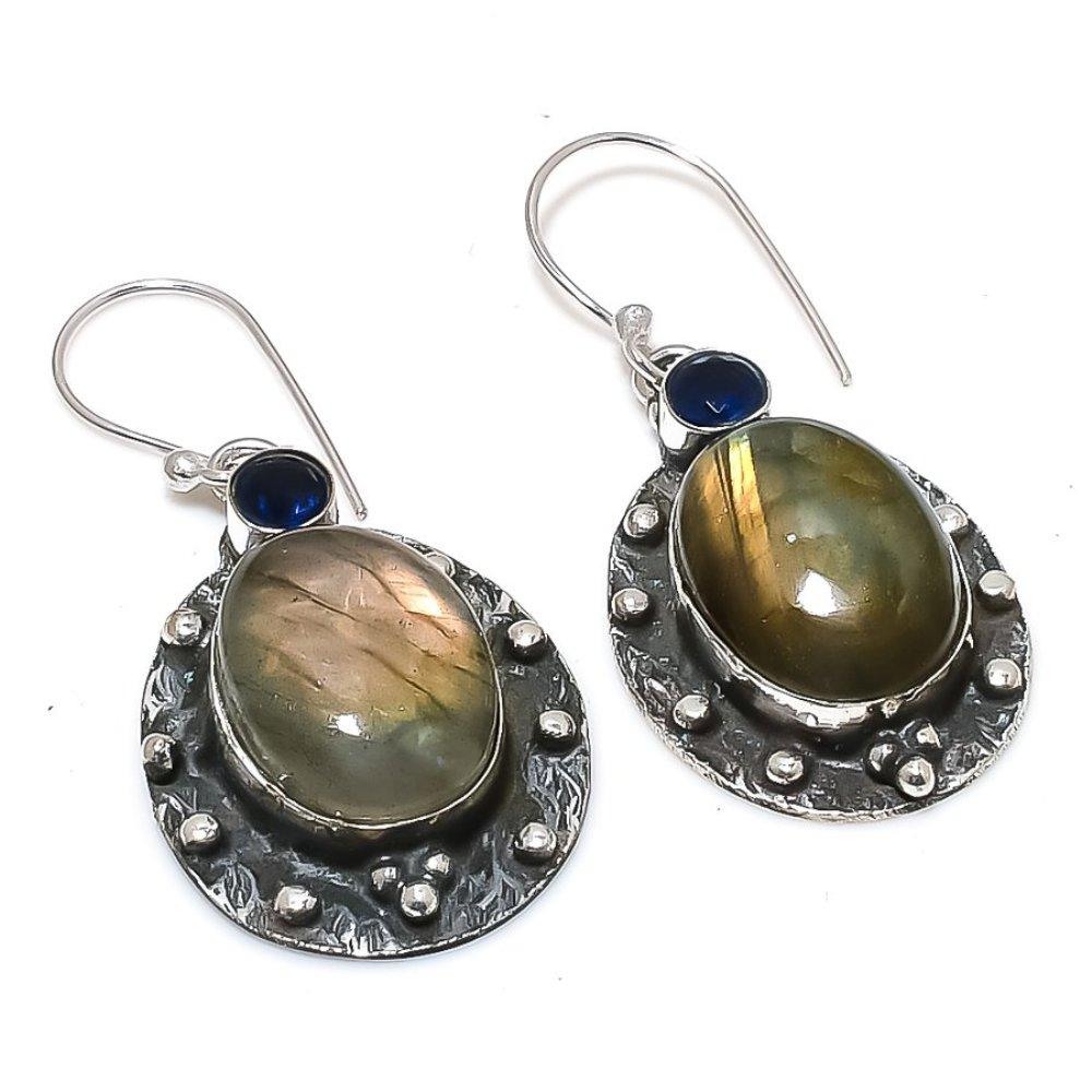 

Серьги из стерлингового серебра 925 пробы с натуральным лабрадоритом и голубым топазом, 1,89 дюйма, W3C32