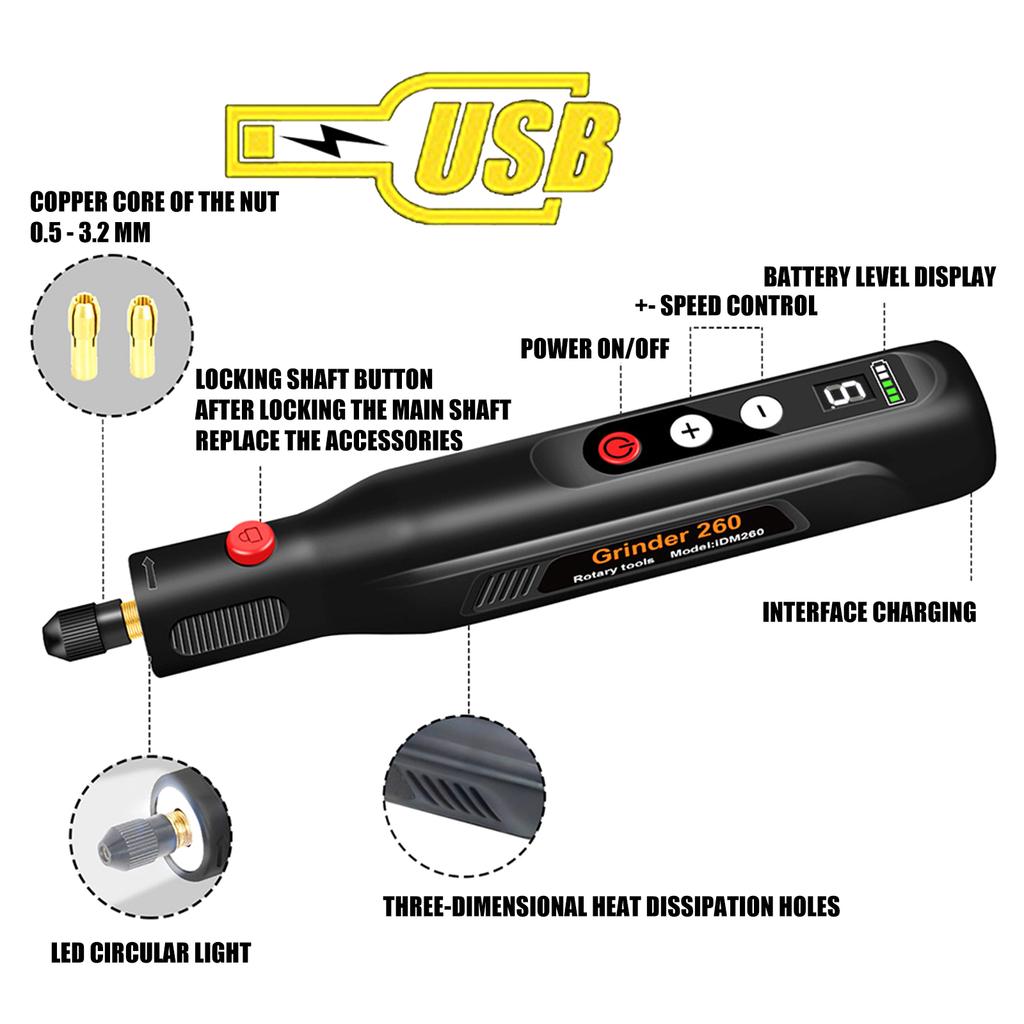 Quick Change Cordless Rotary Engraver Polisher Including LED Rings Light Type C Fast Charging Ergonomic Handle For Comfortable All Day Use