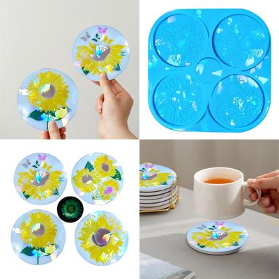 Vielseitige Silikonharzformen, holografische Tassen-/Tablettform, Blumenmuster, Untersetzerformen für Harzguss-Bastelarbeiten