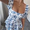 Women Tops Sexy Blouse Square Collar short Sleeve Floral print Shirt Puff Sleeve Ruffle Tunic Crop Top Summer pullover Tube Top