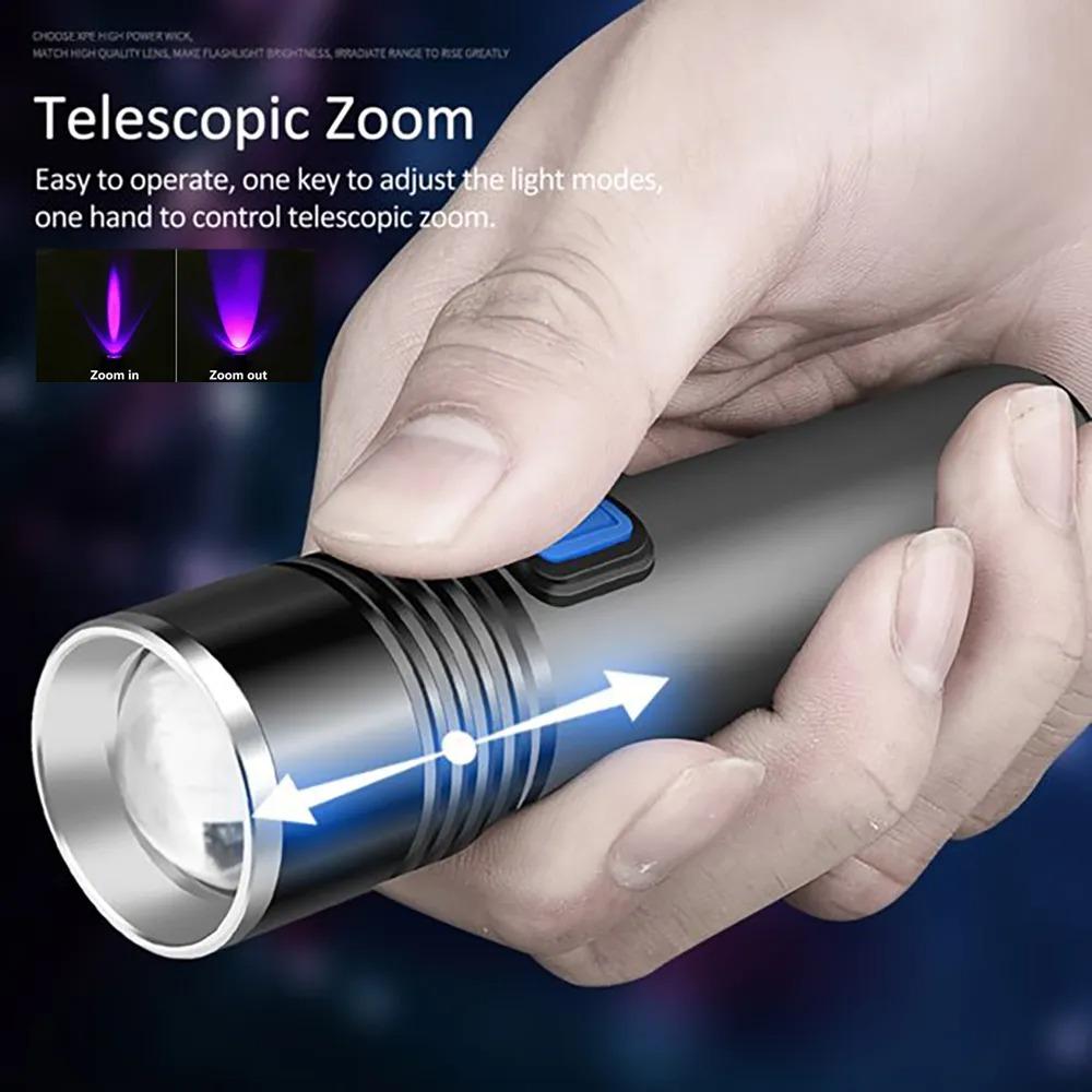 Lanterna UV 395nm Luz Negra Zoomable USB Recarregável Luz UV Lanterna Ultravioleta para Detector de Urina de Animal de Estimação Resina de Cura