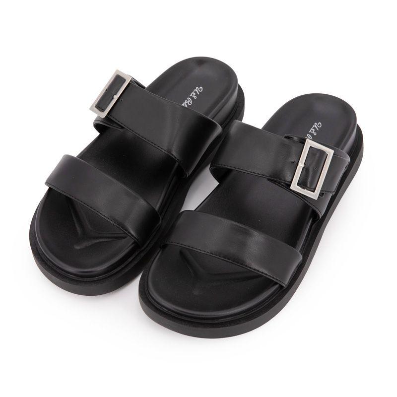 Comfortable Black Mules with Silver Buckle and Double Strap Woman US POLO