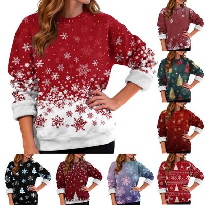 Damenmode Lässig Langarm Weihnachten Bedruckt Rundhals Plus Samt Verdicktes Sweatshirt
