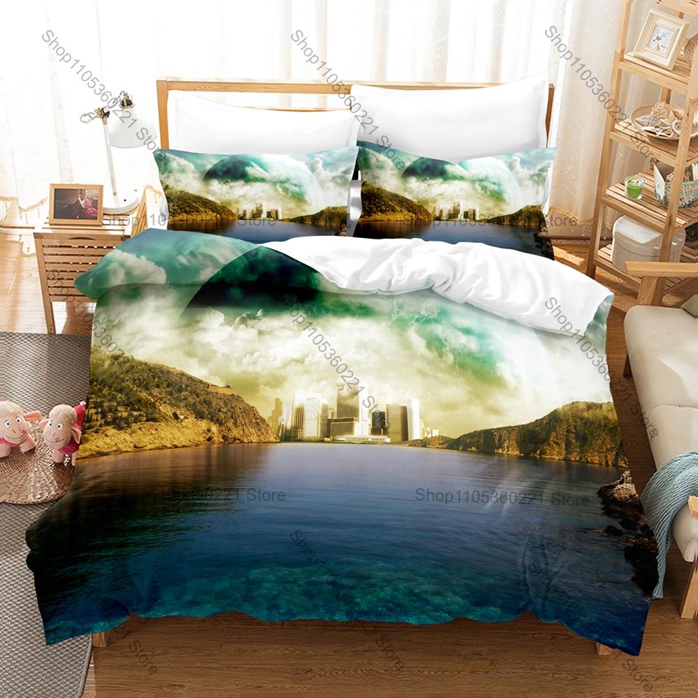 Futuristic Sci-Fi City Bedding Set, Duvet Cover and 2 Pillowcases, Modern Cyber City Pattern Breathable Fabric All Season Home