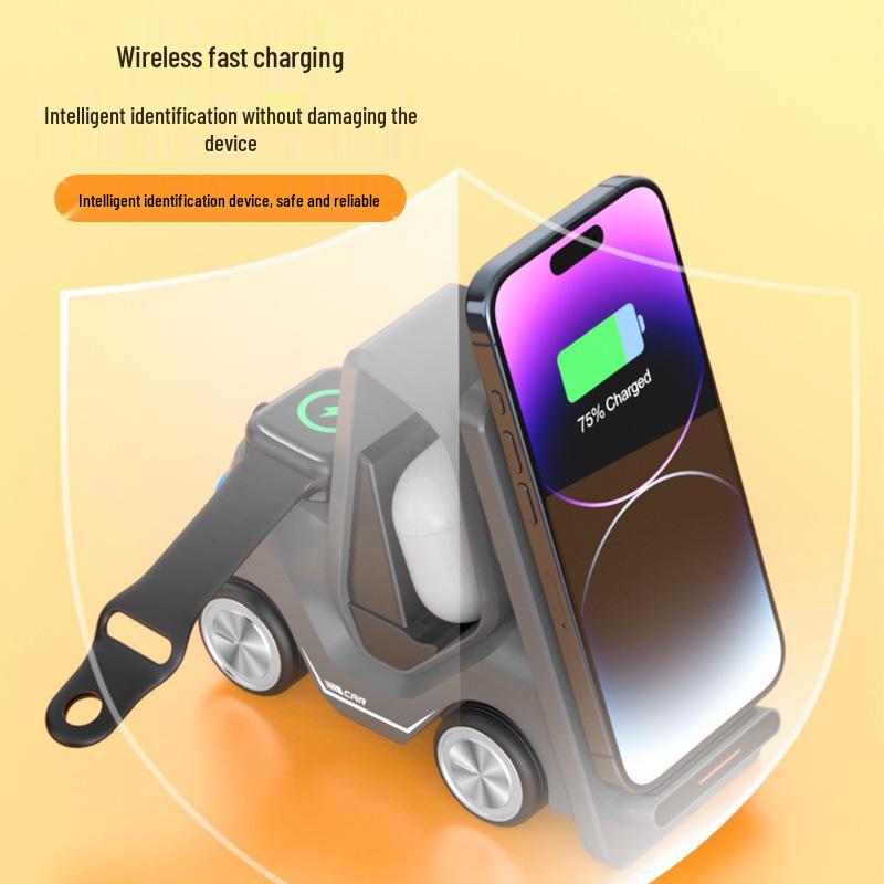 Compact Car Desktop Wireless Charger with Fast Charging Forklift for Apple 15 Watch & Phone Holder