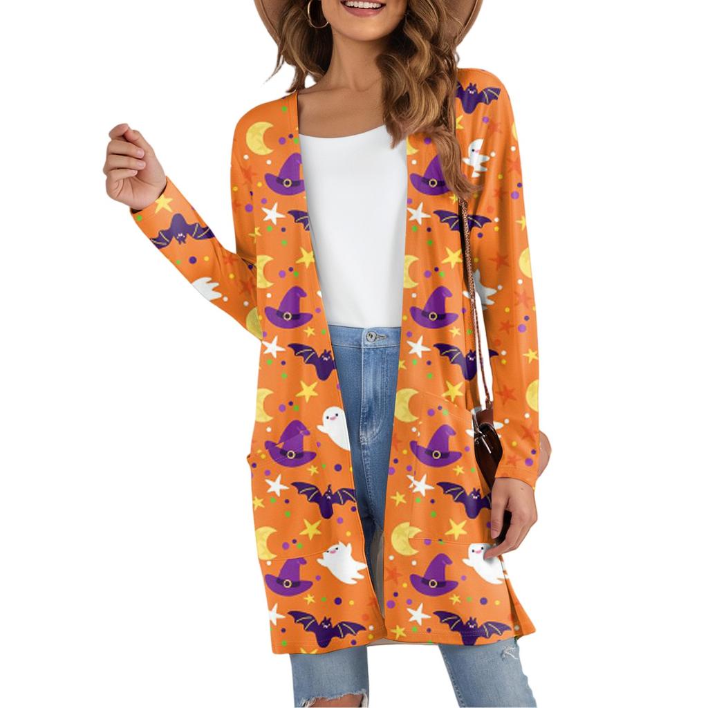 Women's Fashion Casual Comfortable Halloween Printed Mid-Length Cardigan With Pockets Jacket