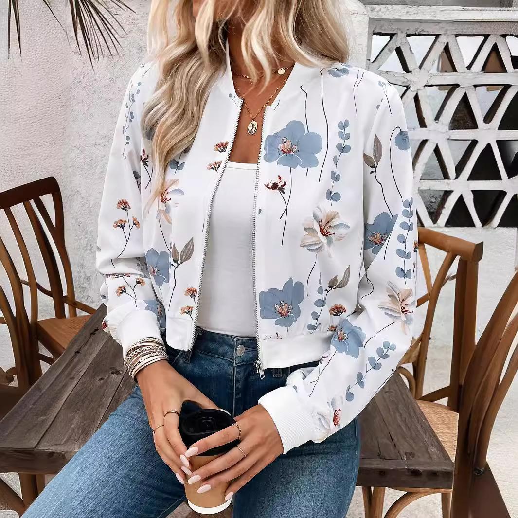 

YYFS Женская мода Повседневный цветочный узор с принтом Осень Зима Длинные рукава V-образный вырез Куртки и пальто M