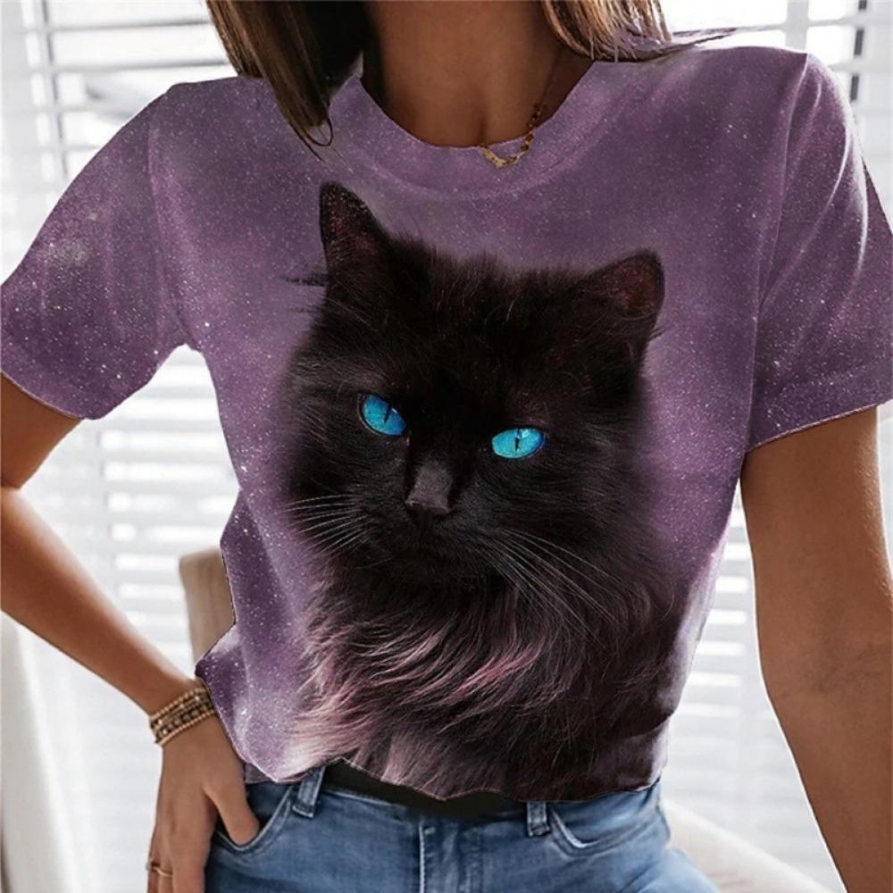 Cartoon Cat T-Shirts Cute Kitten Animal 3D Print Women's Short Sleeve Round Neck T Shirt Tees Harajuku Y2K Tops Female Clothing