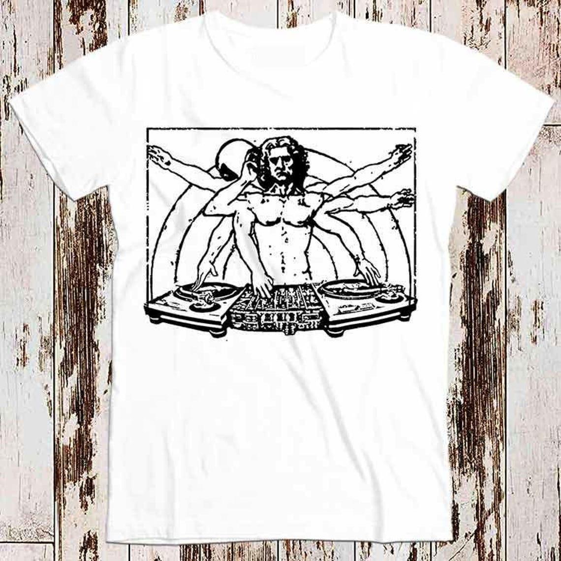 DJ DaVinci Weird Graphic Cool Vinyl Record Funny 80s Top Tee T Shirt Mens Womens Tees Top S