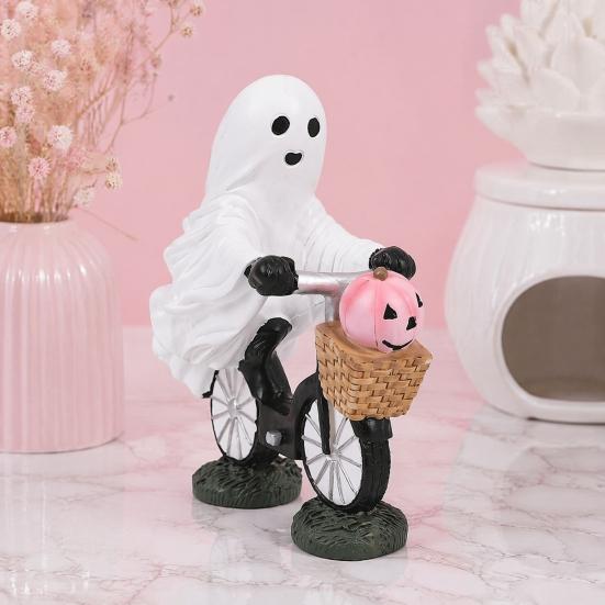 Hand Painted Resin Ghost Decor Halloween Riding Bicycle Figurine, Spooky Desk Shelf for Durable Window Display Home Entryway, Hand-Painted Creepy Cute