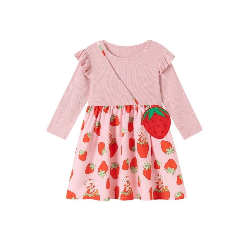 Girls' Long-Sleeved Round-Neck Dress, Spring and Autum Kidsren's Clothing, Cute Strawberry Kidsren's Princess Dress, Baby Casual Dress