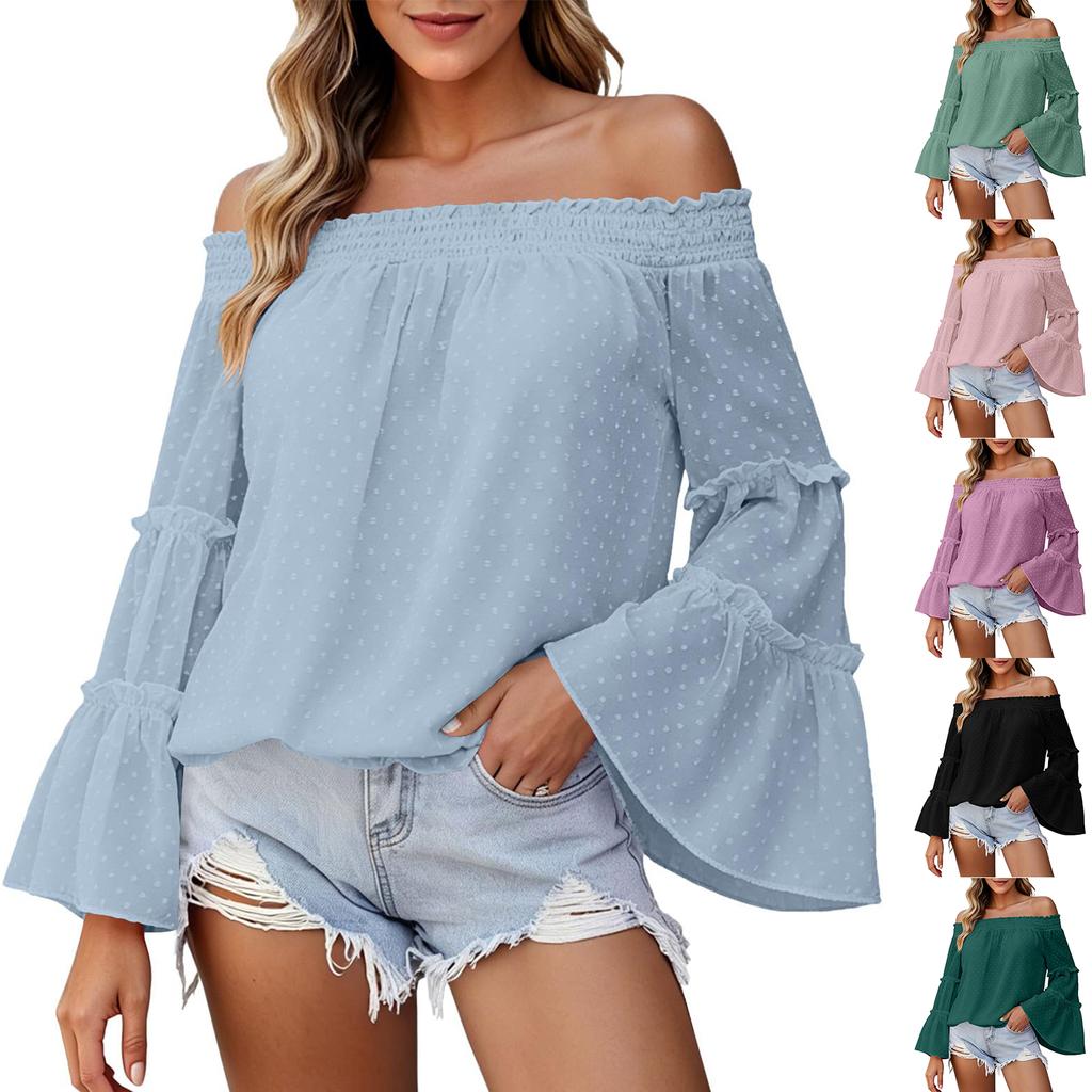 Women Off Shoulder Blouse Long Bell Sleeve Casual Loose Fit Lightweight Top with Smocked Neckline and Ruffle Detail