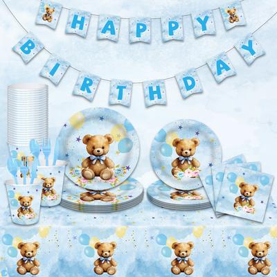 Vajilla de Fiesta de Osos Acuarela Mantel Temático de Osito para Cumpleaños Infantil Set de Artículos Decorativos Desechables