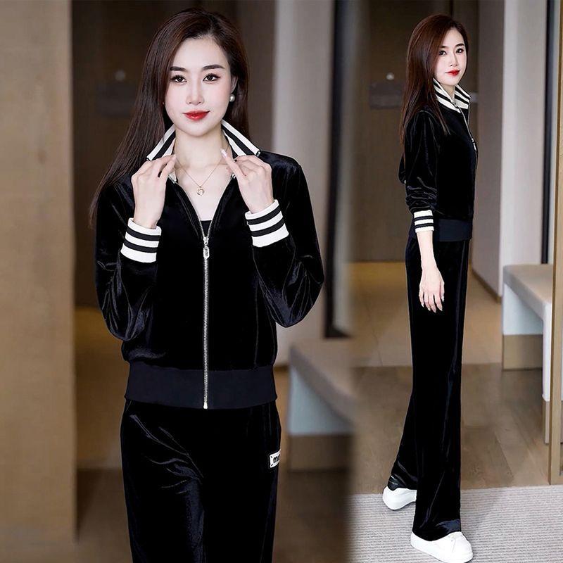 2024 Winter Gold Velvet Slim Fit Casual Two-Piece Suit with Zipper