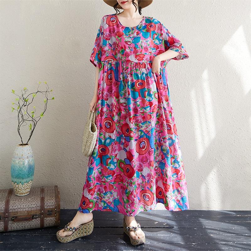 Echte Aufnahme Sommer dünne Baumwolle und Leinen Rundhals Kurzarm schlichtes Saflor böhmisch mittel und lang Außenhandel Kleid Frauen
