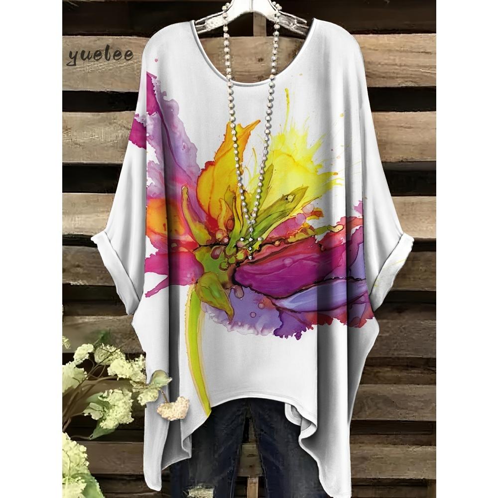 T-shirt da Donna Stampa Floreale Colorata Girocollo Top Orlo Irregolare Manica Corta Taglie Forti Abbigliamento da Donna Casual per Esterno