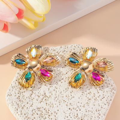 Vintage Flower-Inlaid Colorful Rhinestone Zircon Earrings Fashionable And Exaggerated Five-Petal Flower Women's Earrings