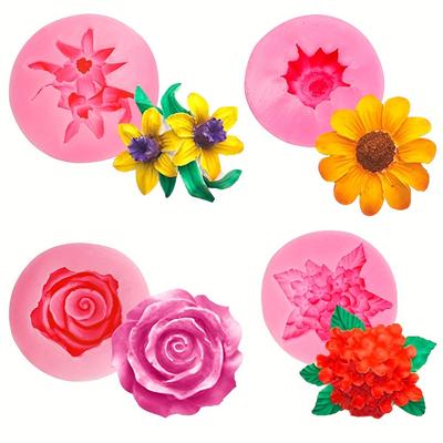 4pcs Flower Silicone Molds, 3D Cake Mold Rose Daisy Fondant Molds Sunflower Craft Molds for Chocolate Cake Decoration, Candy, Soap Making