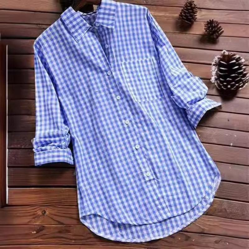 Spring and Autumn Women's Loose Plaid Lapel Long-sleeved Retro Pocket Shirt