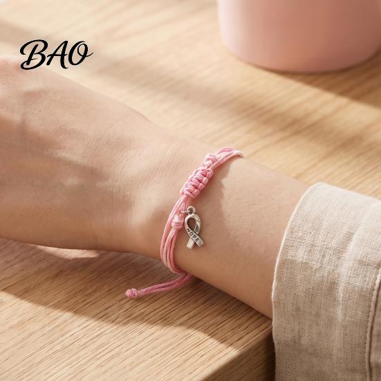 Soft Multi Strand Rope Bracelet Breast Cancer Awareness for Women, Adjustable Woven String with Heart Butterfly Alloy Pendants Ribbon Charm, Handmade