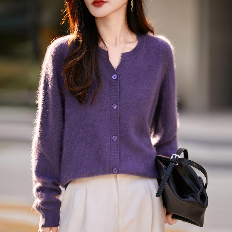 Women's Seamless 100% Pure Wool Cardigan - Round Neck, Loose Fit, Brushed Knit Sweater