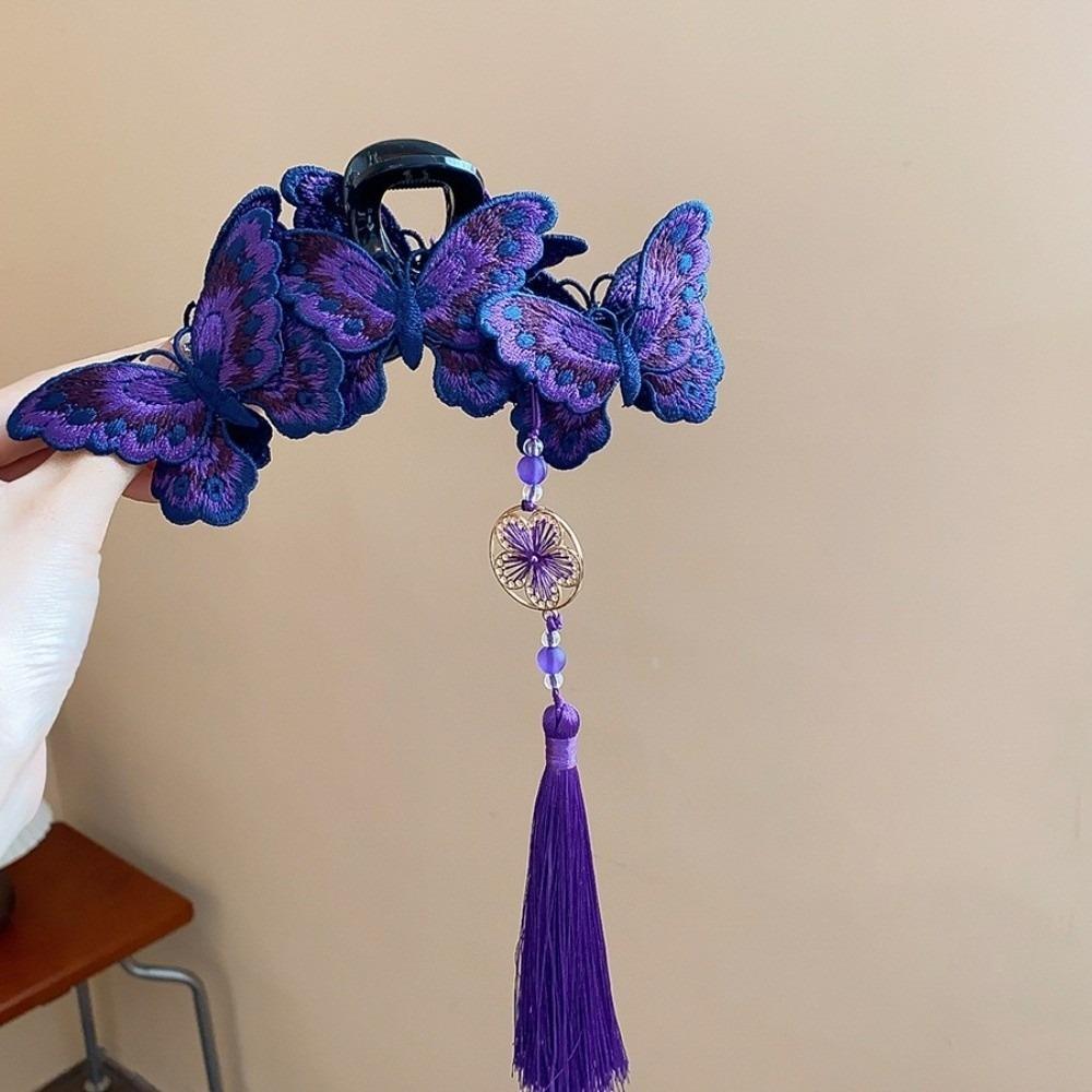 Elegant Shark Jaw Clip Chinese Style Handmade Embroidered Butterfly Hair Clip Tassel Design Retro Barrette Headband