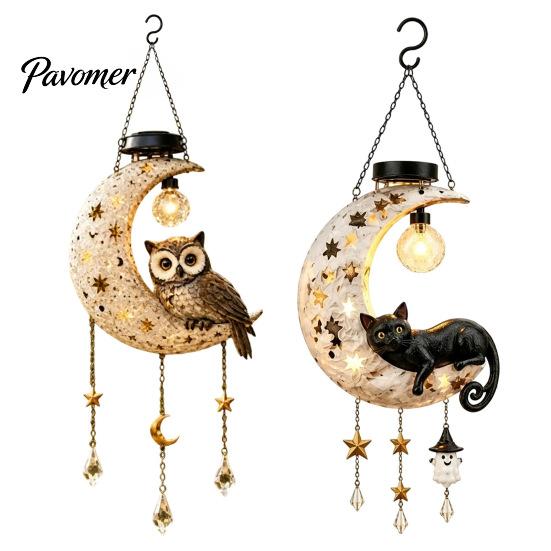 Decorative Solar Lights for Balcony Owl/Cat Moon Hanging Light, Outdoor Garden Wind Chime with LED Powered Fairy Tale Waterproof Resin Lamp,