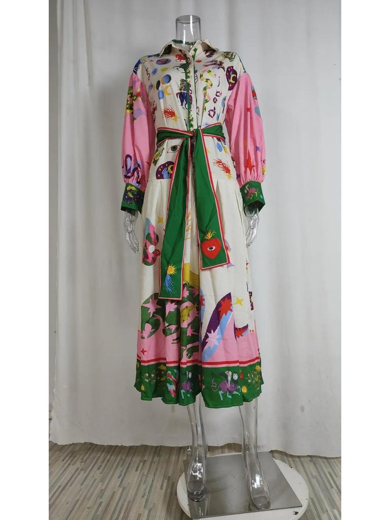 Europäisches und amerikanisches Damenmode-Kleid mit langem, bedrucktem Laternenärmeln, V-Ausschnitt, Taillenbindung, Umlegekragen, langen Ärmeln