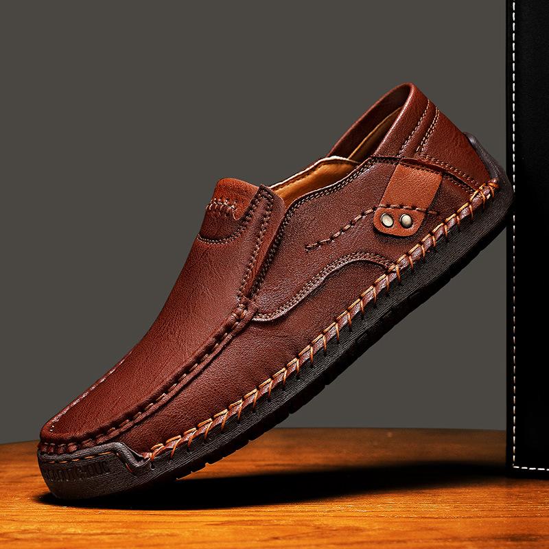 Men's Shoes Outdoor Casual Shoes Flat-soled Handmade Leather Shoes Spring Low-top Large-size Loafer Cowhide Noodles