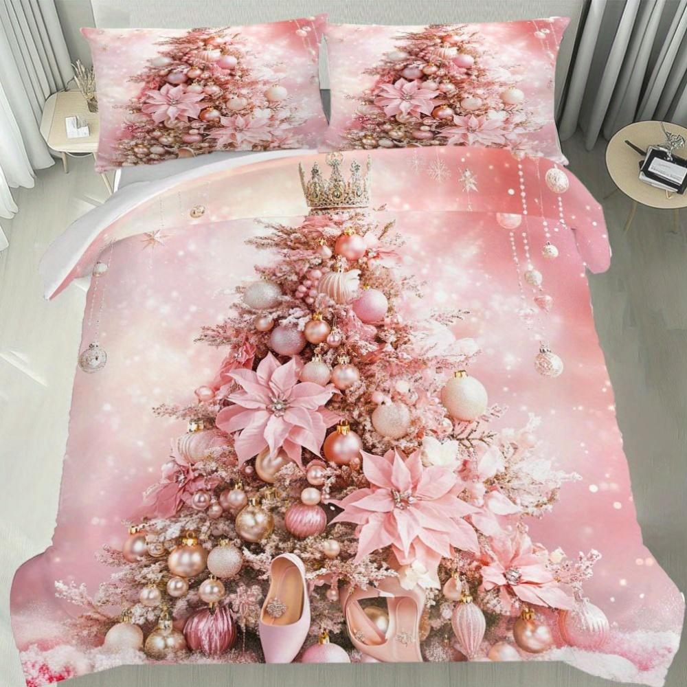 

2/3 шт. Розовый комплект пододеяльника с рисунком рождественской елки, Розовый комплект постельного белья с орнаментом пуансеттии, Праздничный и элегантный комплект постельного белья EU Twin(135x200cm)