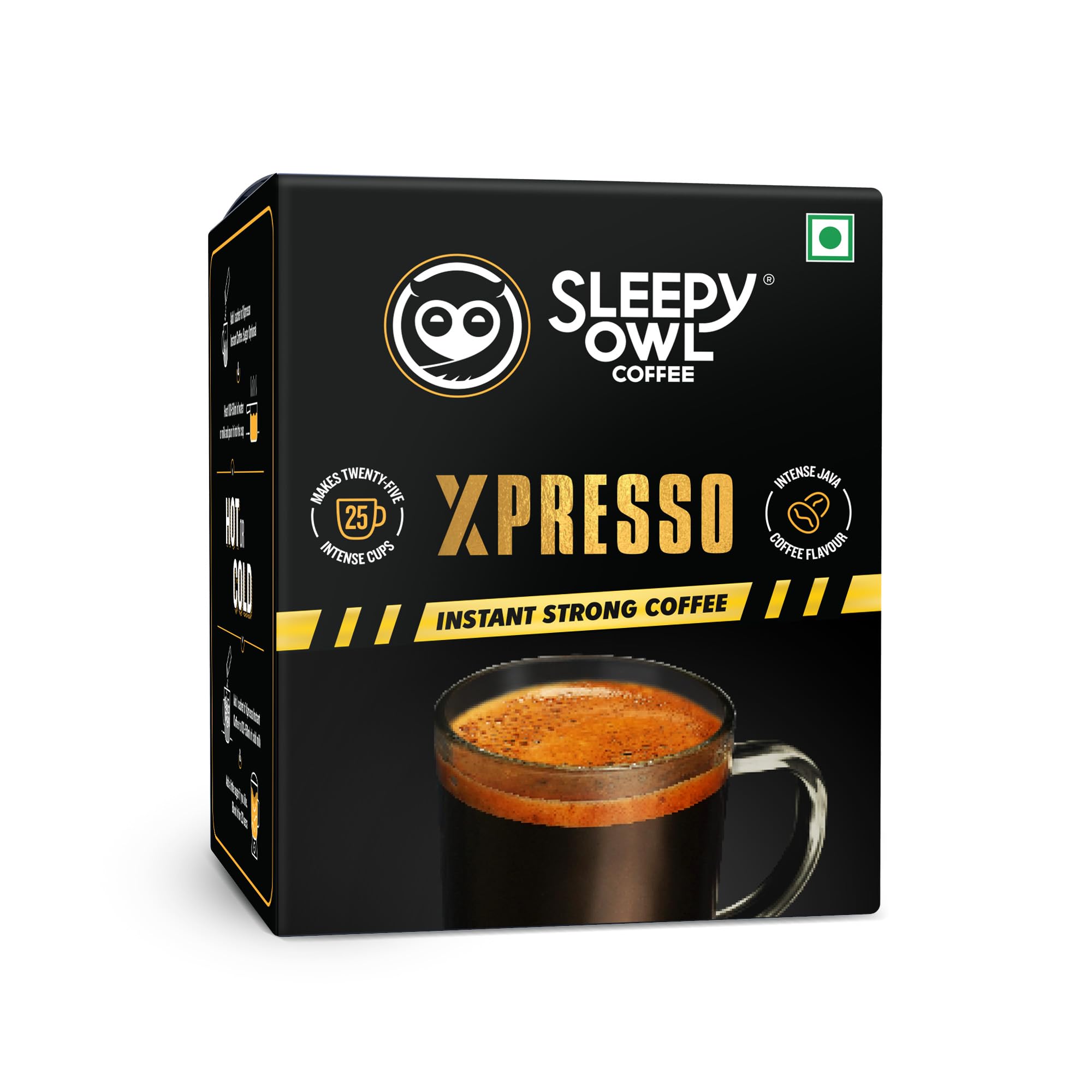 

Sleepy Owl Xpresso Instant Coffee Sachets | Pack of 25 | Dark Roast Intense Java Flavor | Bold & Strong | Convenient On-The-Go Sachets
