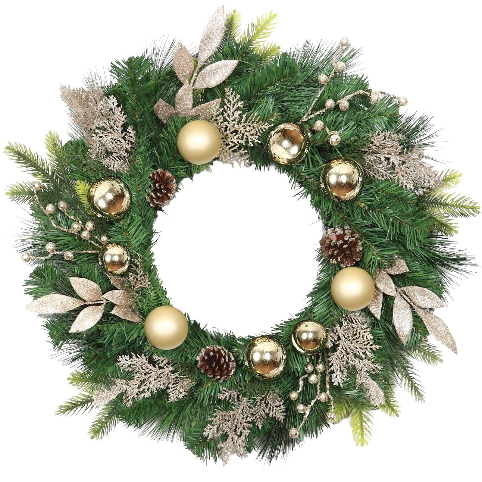 

24-дюймовый искусственный рождественский венок, украшения для входной двери с шарами, шишками, матовыми ветками, красными ягодами, , Рождественские украшения для домашнего декора