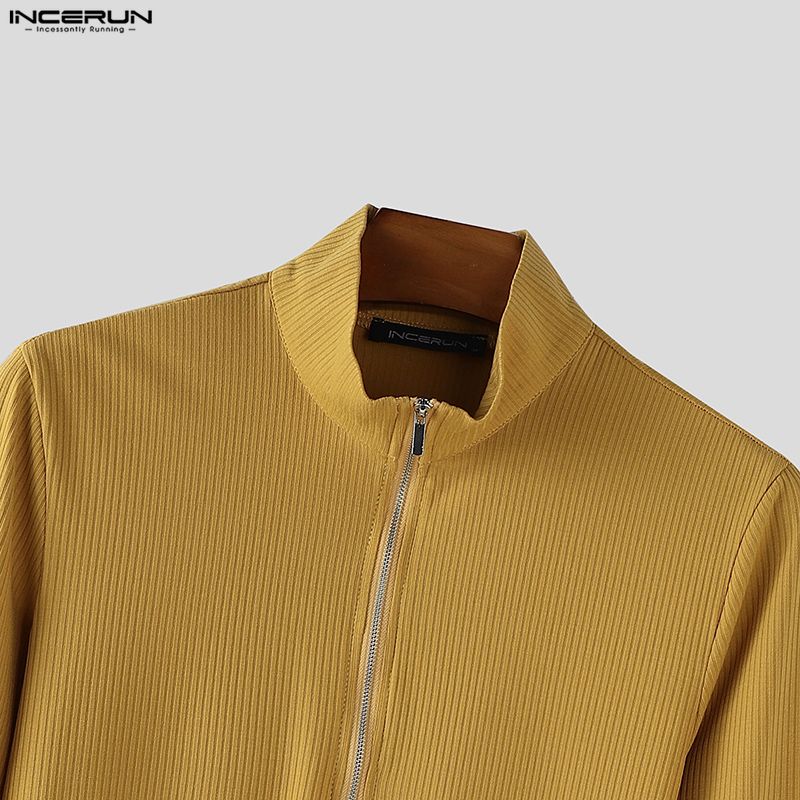 INCERUN Autumn Men Stand Collar Long Sleeve Zip-up Rib Knitted Pullovers Tops