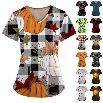 Modisches T-Shirt für Damen mit V-Ausschnitt, kurzen Ärmeln und Tasche, Halloween-Print