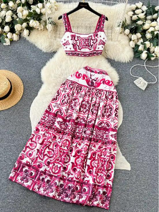 Blue & White Porcelain Print Camisole and High-Waist Midi Skirt Set for Women