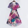 Women V Neck Short Sleeve Casual Dress Retro Floral Print Midi Dress Lightweight Summer Dress with Flared Hem