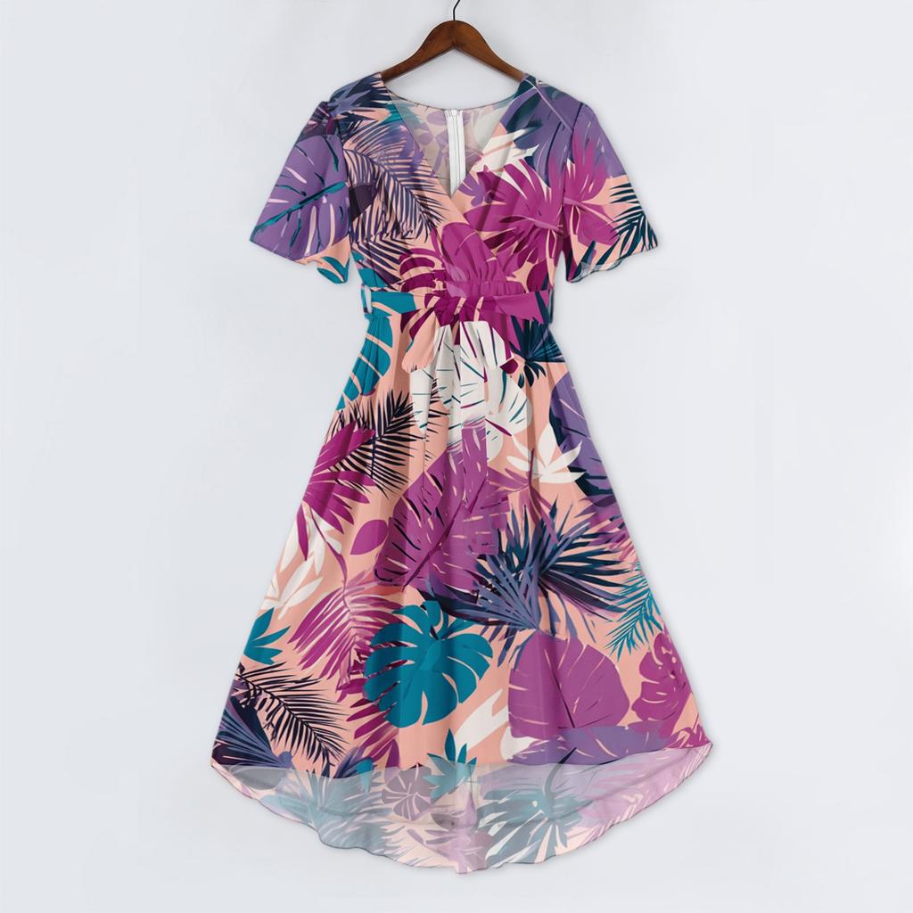 Women V Neck Short Sleeve Casual Dress Retro Floral Print Midi Dress Lightweight Summer Dress with Flared Hem