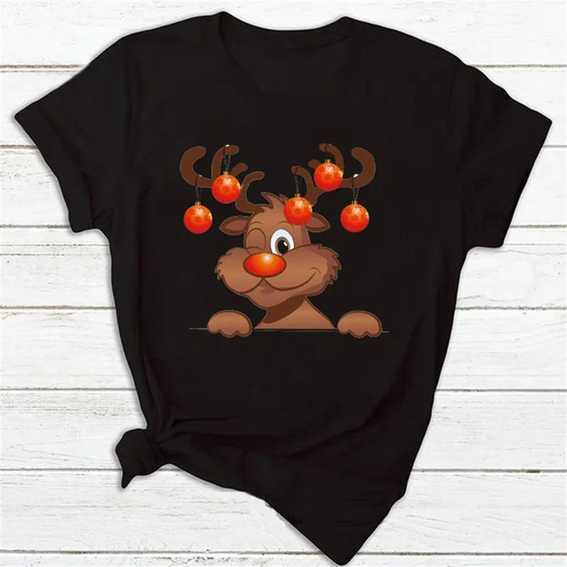 Maycaur Fashion Women's Top T-shirt Women's Merry Christmas T-shirt Fun Cartoon Christmas reindeer print Black T-shirt Women's