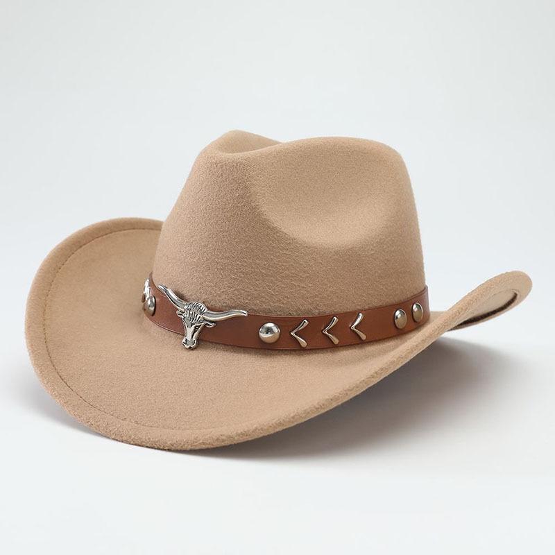 Nuevos Sombreros de Vaquero Occidental Fieltro de Lana para Hombre y Mujer Moda Actual Elegante y Versátil Ala Curva Cabeza de Toro Gorras de Jazz