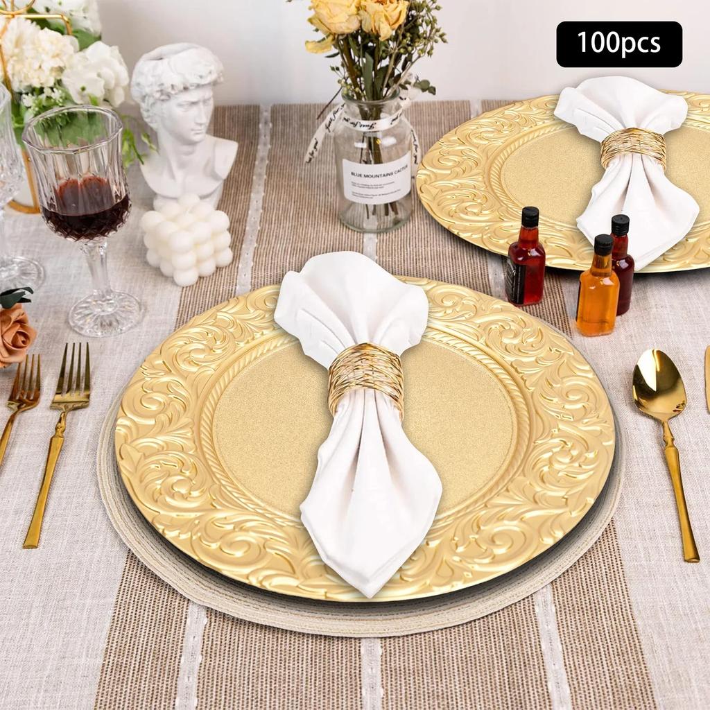 100 Gold Round Placemats Wholesale, 13-Inch Vintage Placemat Set, Plastic Embossed Dinner Plates, Reusable (Gold)