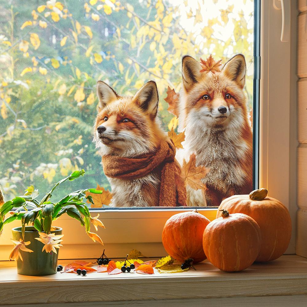 Creative Simulation Autumn Fox Fallen Leaves Home Glass Door and Window Decorative Stickers