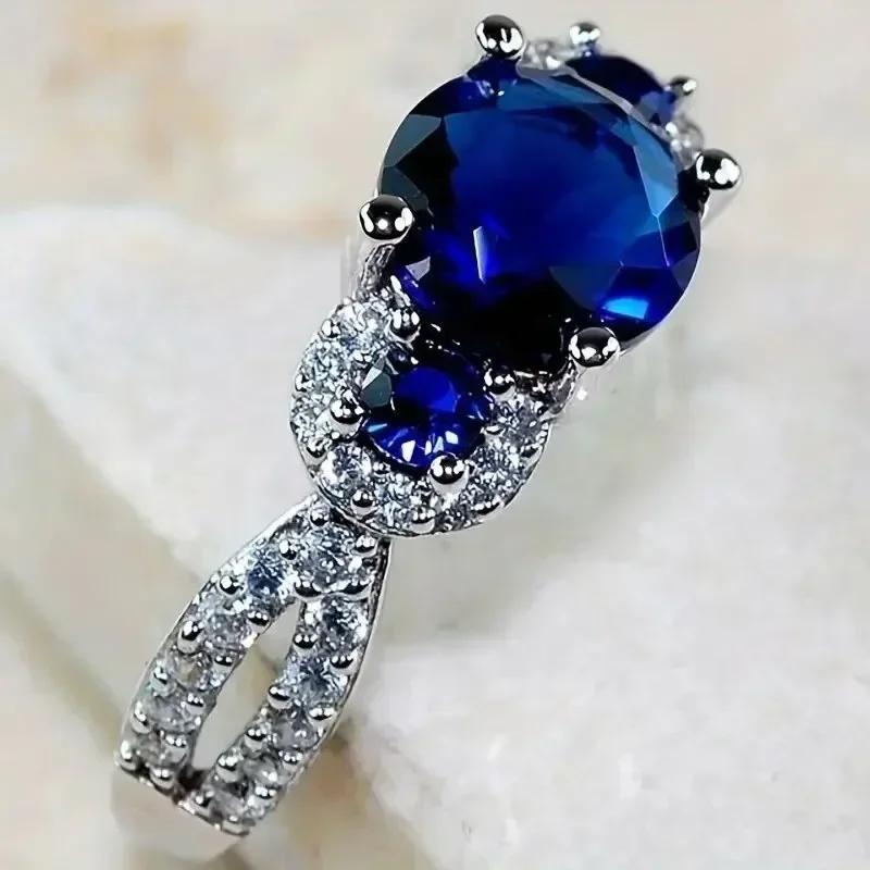 2026 New Blue Cube Zircon Attends Banquet Ring Fashionable, Elegant, High End Women's Bridal Luxury Inlaid Jewelry Accessories