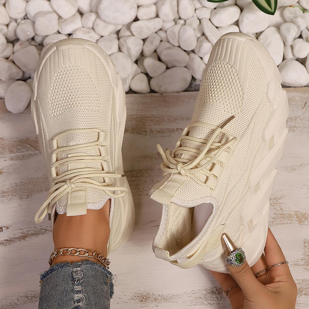 Women's Solid Color Casual Sneakers, Mesh Lace-Up Fly-Woven Breathable Running Shoes, Lightweight and Comfortable Low-Top Casual White Shoes