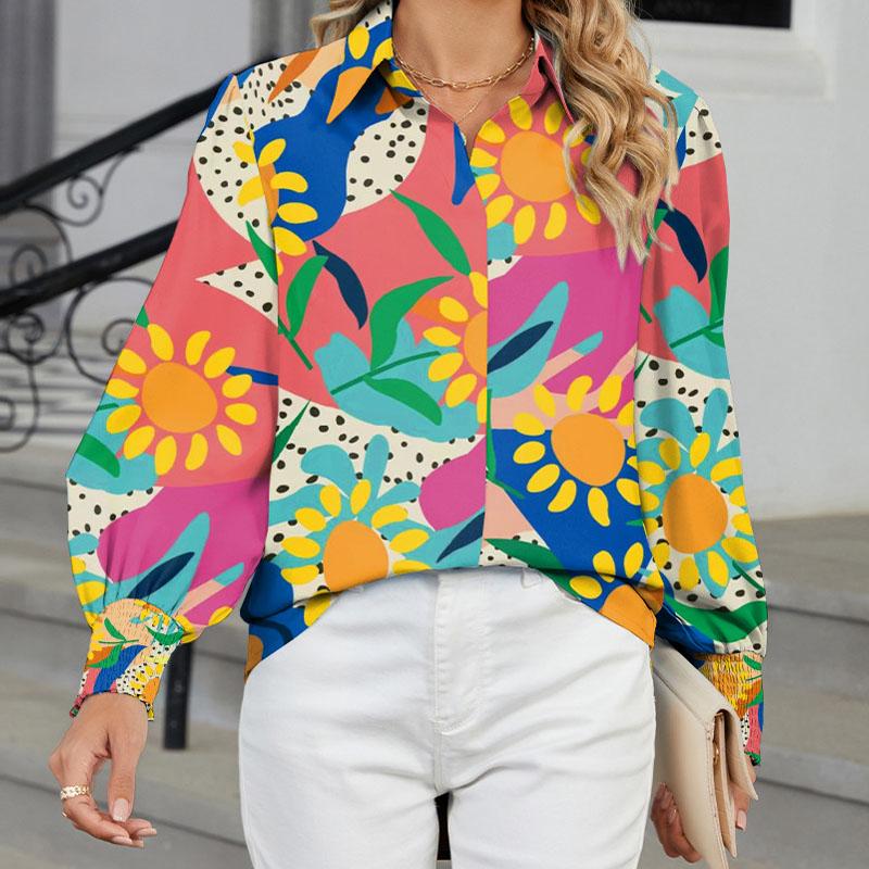 Lantern-sleeved Printed Long-sleeved Lapel Blouse Is Fashionable, Simple and Energetic, Loose and Versatile Ladies Shirt