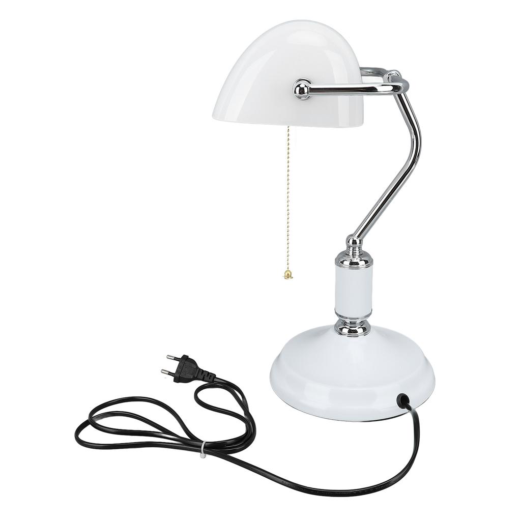 Bankers Table Lamp White Glass Vintage Style Desk Lamp with Retro Pull Chain Switch Reading Table Lamp