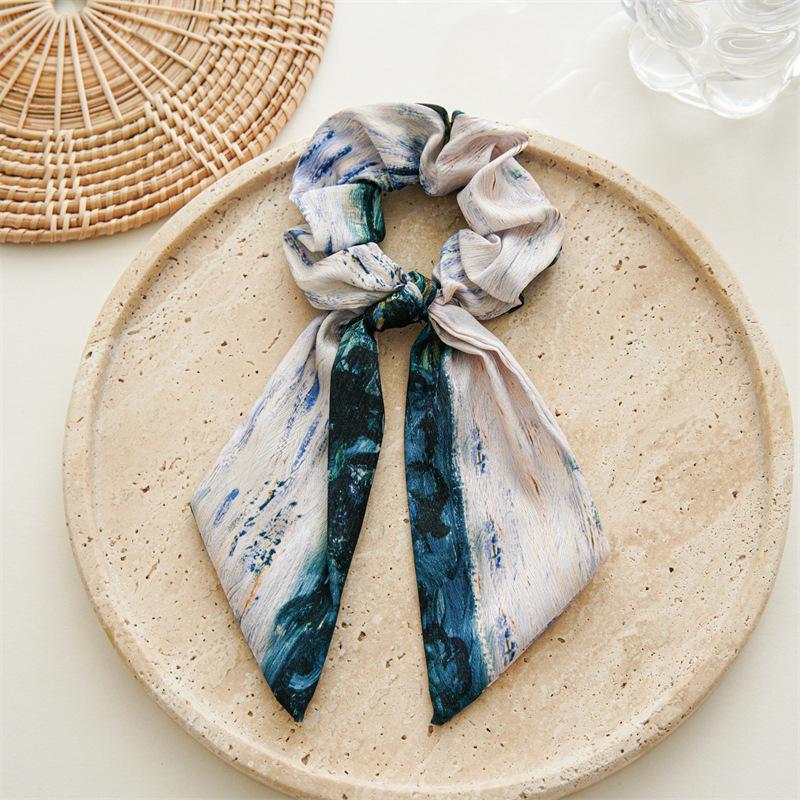 Oil Painting Print Long Ribbon Bow Scrunchies Elastic Ponytail Holder Exquisite Hair Tie Woman Rubber Band Hair Accessories Girl