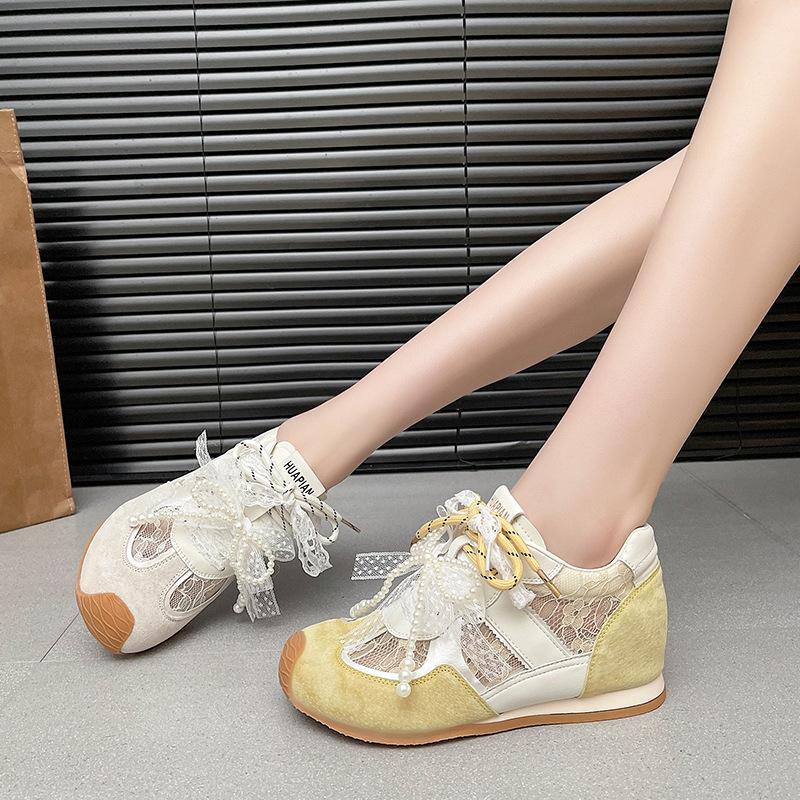 Inner Height-increasing Leather Lace German Training Shoes for Women's 2025 Spring New Models with Skirts, Mesh Breathable and Versatile Forrest G