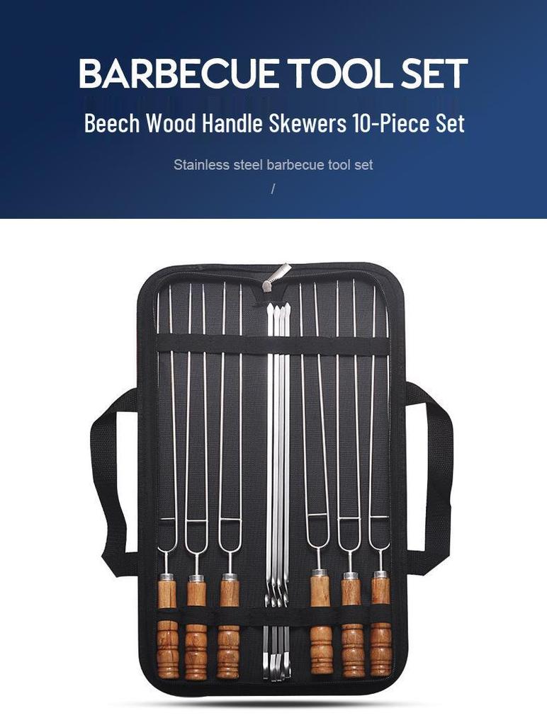 Podwójne szpikulce do grilla ze stali nierdzewnej z drewnianą rączką z drewna bukowego - Zestaw narzędzi do amerykańskiego grilla na świeżym powietrzu