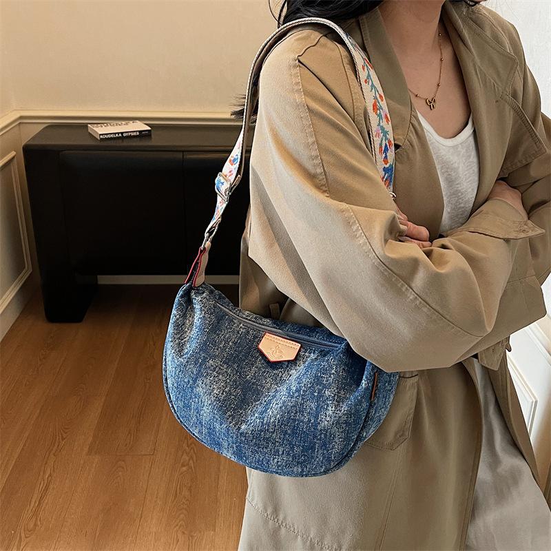 Denim Moon Bag with Colorful Strap Women's Crossbody Bag Fashionable Shoulder Bag Casual Daily Use Design