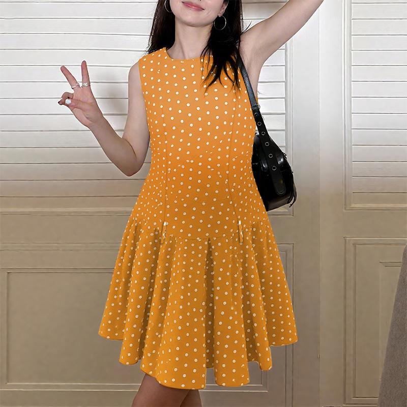 

ZANZEA Женское повседневное летнее платье без рукавов с круглым вырезом и принтом в горошек 5XL жёлтый